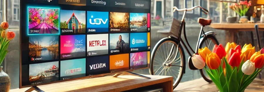 Een moderne IPTV-setup in een Nederlandse woonkamer met een Smart TV die een IPTV-interface toont. Perfect voor gebruikers die geïnteresseerd zijn in IPTV Nederland