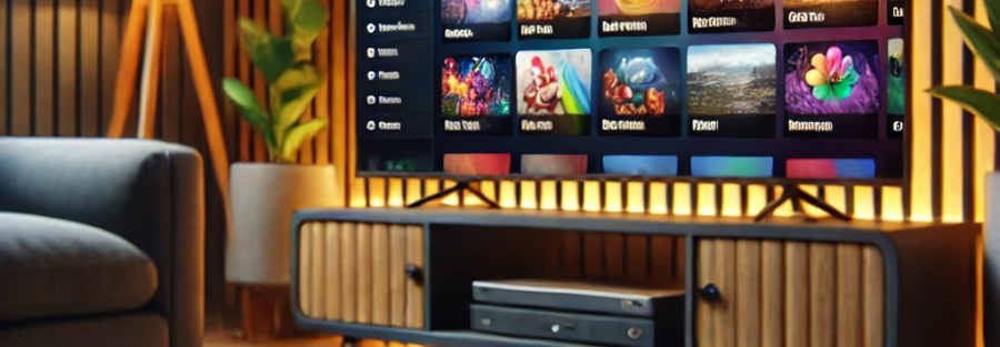 Een moderne setup met een IPTV-box aangesloten op een Smart TV, met een interactieve interface die livekanalen en on-demand content toont