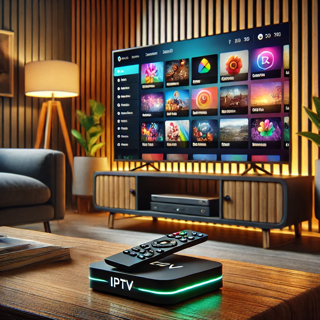 Een moderne setup met een IPTV-box aangesloten op een Smart TV, met een interactieve interface die livekanalen en on-demand content toont
