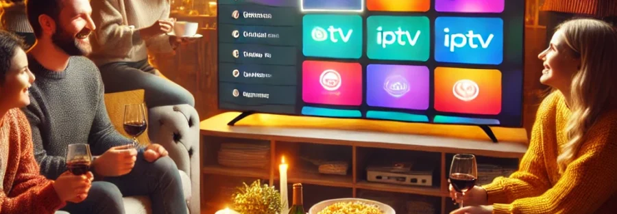 Een gezellige woonkamer met vrienden of familie die samen een Smart TV bekijken, waarop een IPTV abonnement interface met kanalen en streamingopties te zien is."