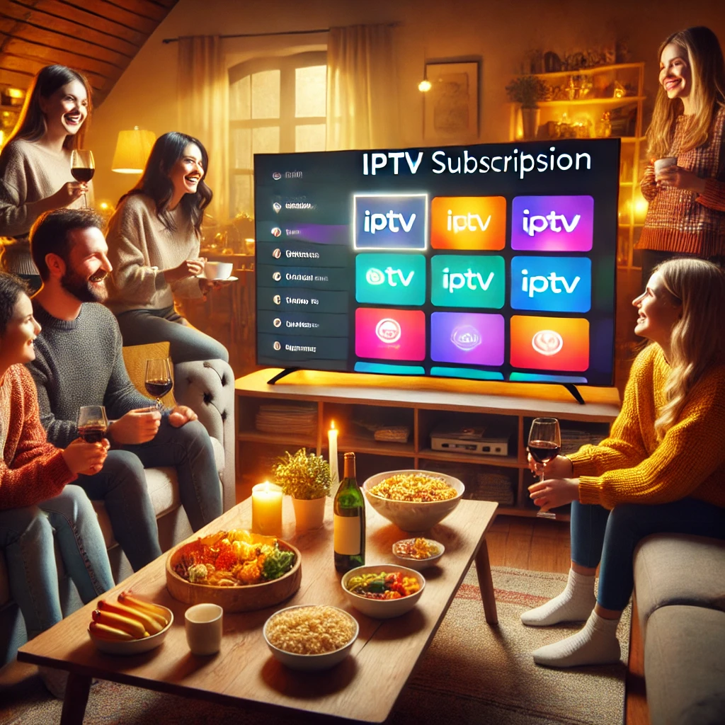 Een gezellige woonkamer met vrienden of familie die samen een Smart TV bekijken, waarop een IPTV abonnement interface met kanalen en streamingopties te zien is."