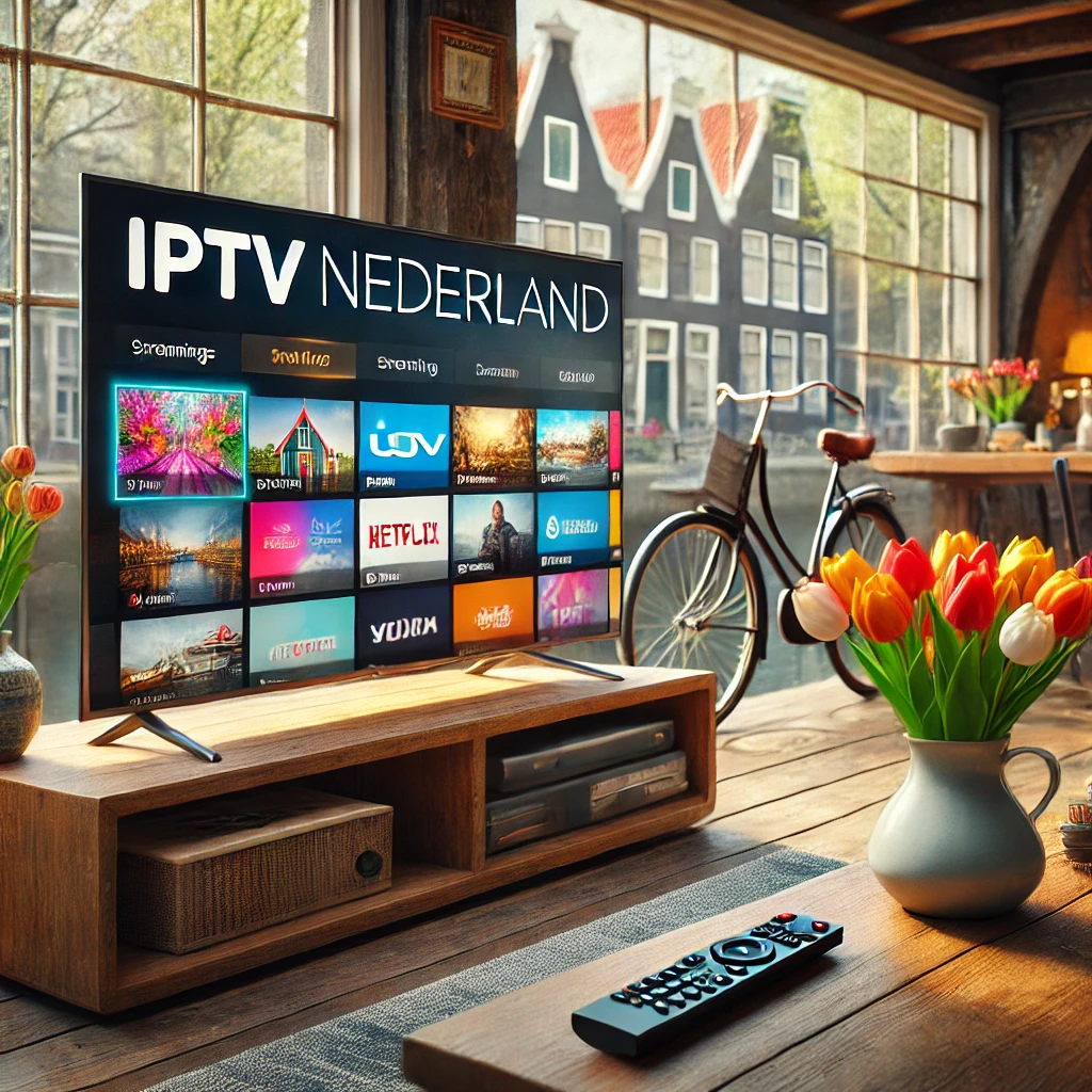 Smart TV met een actieve IPTV-interface, geplaatst in een stijlvol Nederlands interieur. Perfect voor het benadrukken van hoe IPTV Nederland kijkers meer mogelijkheden biedt voor minder.