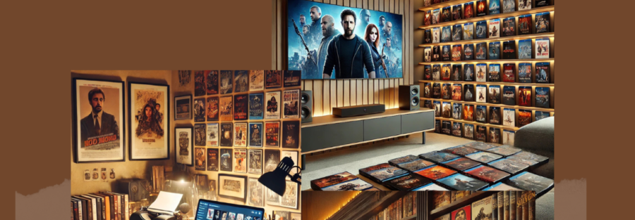 Een collage van afbeeldingen die een gezellige filmruimte tonen, met planken vol dvd's en posters van films zoals 'Top Gun'. Er is een televisie met een film op het scherm zichtbaar, evenals een bureau met een laptop en filmcollecties op de achtergrond