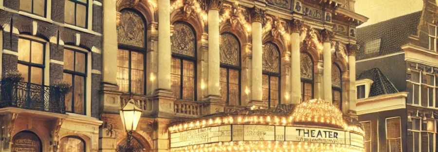 Een vintage-stijl illustratie van een historisch theater in Leiden, Nederland, met een sierlijke gevel, klassieke lichtborden en fietsen op geplaveide straten