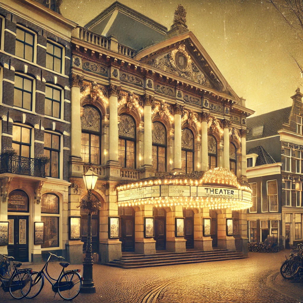 Een vintage-stijl illustratie van een historisch theater in Leiden, Nederland, met een sierlijke gevel, klassieke lichtborden en fietsen op geplaveide straten
