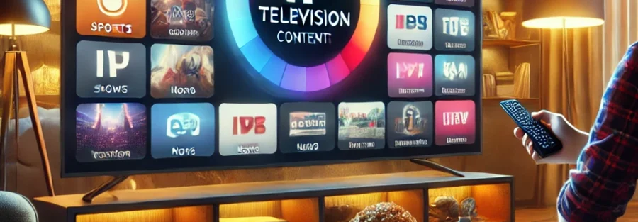 smart-tv die IP-televisie-inhoud weergeeft. Het scherm toont verschillende kanalen, waaronder sport, nieuws en entertainment. Een persoon zit op de bank, houdt een afstandsbediening vast en geniet van de tv. De kamer heeft eigentijdse meubels, warme verlichting en een gezellige sfeer. De tv is verbonden met internet en vertegenwoordigt het concept van IP-televisie.