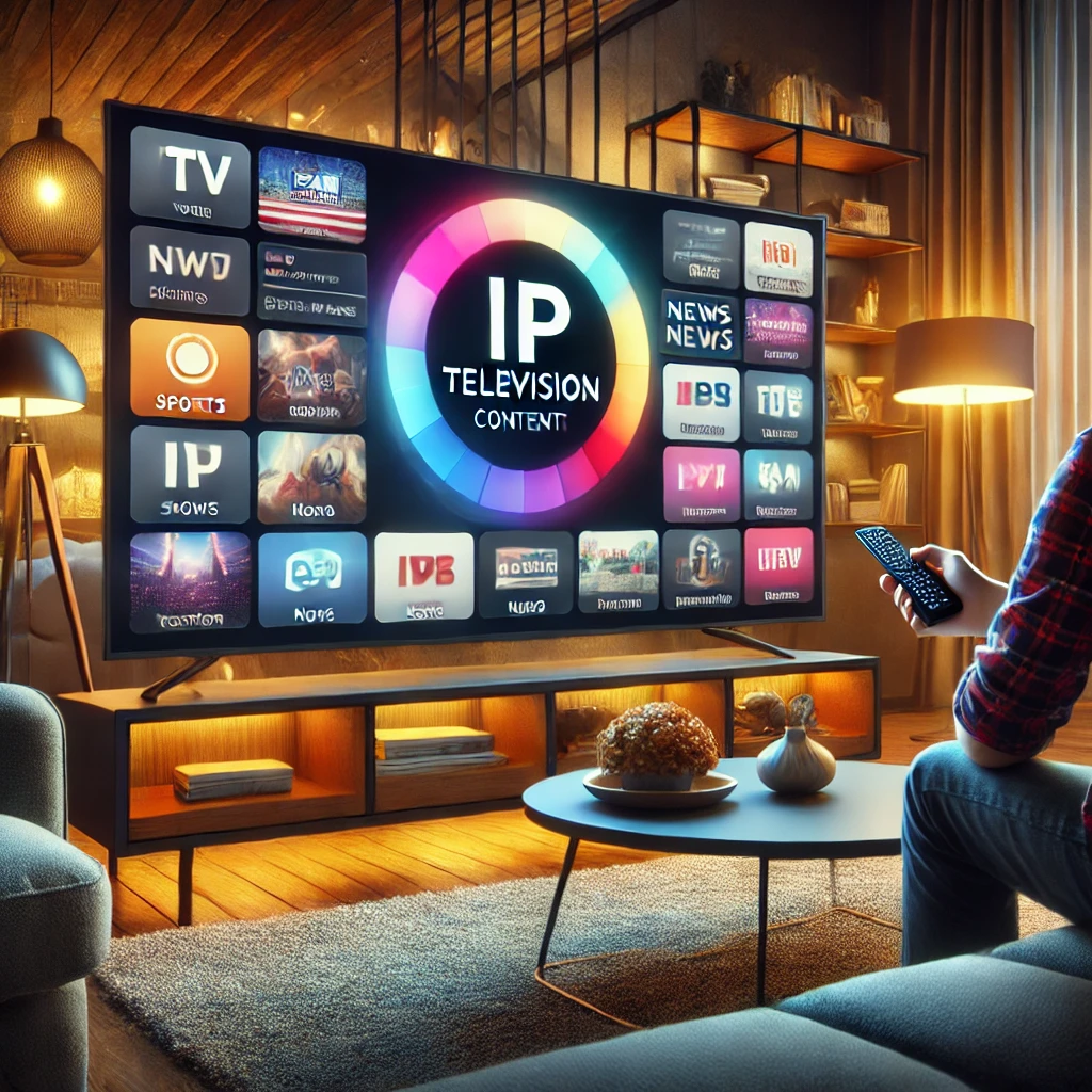 smart-tv die IP-televisie-inhoud weergeeft. Het scherm toont verschillende kanalen, waaronder sport, nieuws en entertainment. Een persoon zit op de bank, houdt een afstandsbediening vast en geniet van de tv. De kamer heeft eigentijdse meubels, warme verlichting en een gezellige sfeer. De tv is verbonden met internet en vertegenwoordigt het concept van IP-televisie.