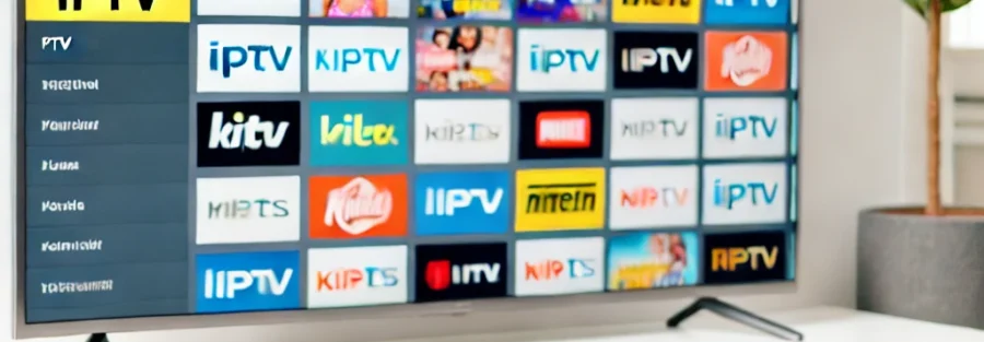 smart TV waarop de IPTV-service wordt weergegeven met verschillende kanalen zoals sport, nieuws en populaire shows. Het scherm vertegenwoordigt de IPTV 24-uurs gratis proefservice in een moderne woonkamer