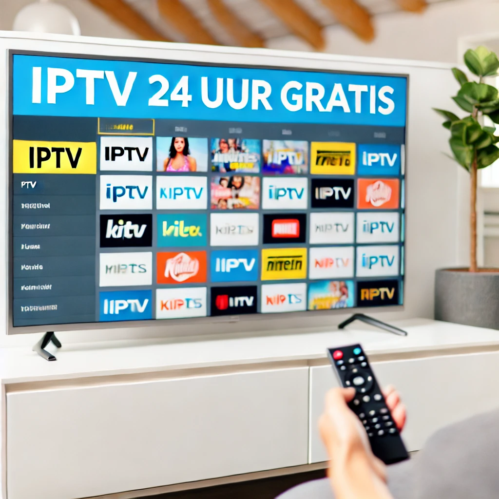 smart TV waarop de IPTV-service wordt weergegeven met verschillende kanalen zoals sport, nieuws en populaire shows. Het scherm vertegenwoordigt de IPTV 24-uurs gratis proefservice in een moderne woonkamer