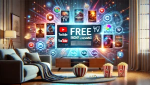 moderne woonkamer met een groot televisiescherm waarop verschillende filmgenres zoals actie, komedie en thriller worden weergegeven.