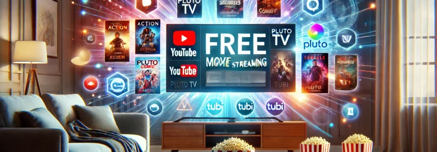 moderne woonkamer met een groot televisiescherm waarop verschillende filmgenres zoals actie, komedie en thriller worden weergegeven.