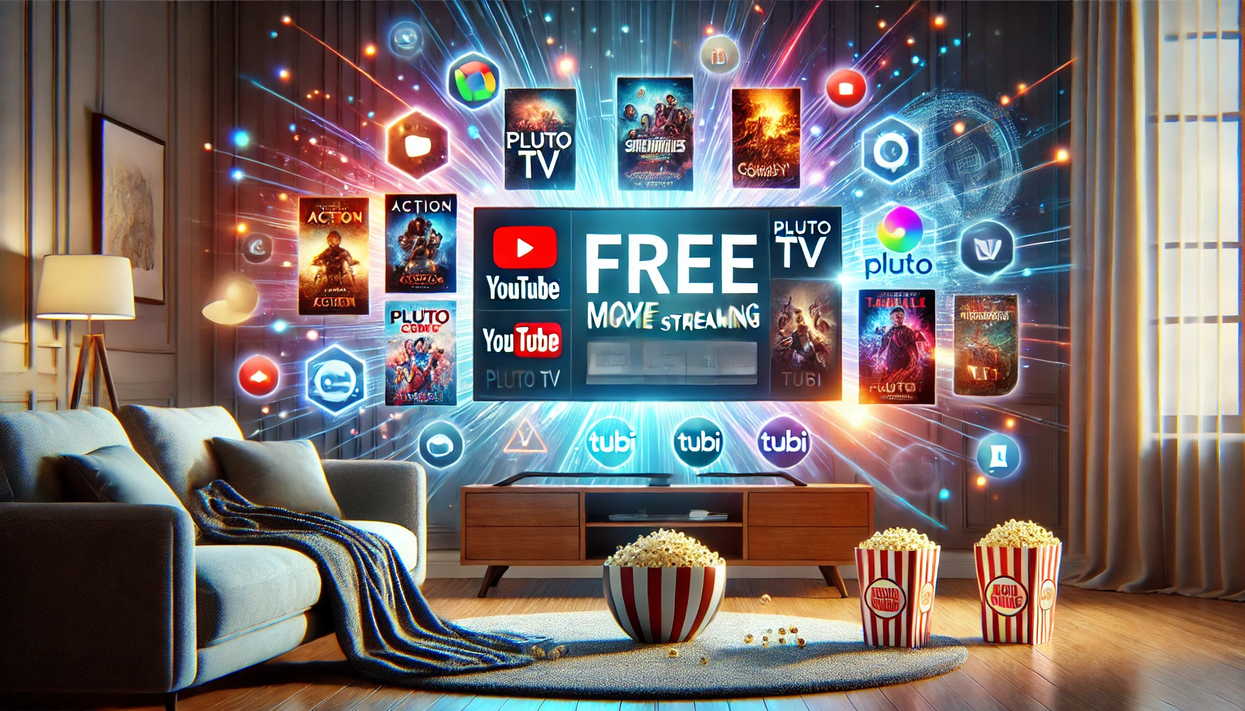 moderne woonkamer met een groot televisiescherm waarop verschillende filmgenres zoals actie, komedie en thriller worden weergegeven.