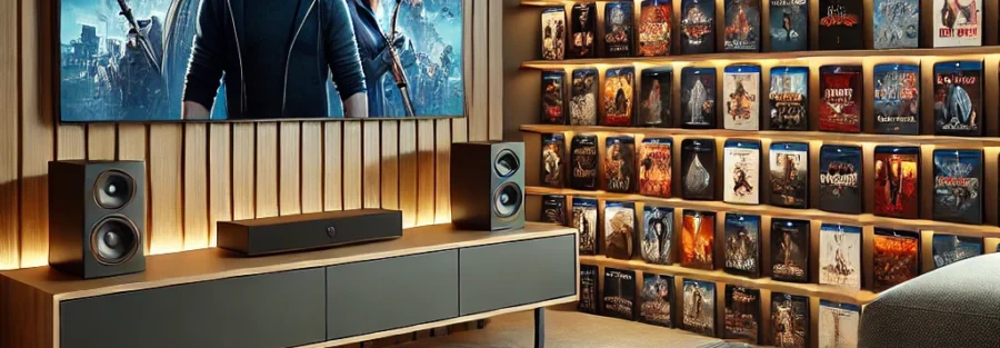 Gezellige woonkamer met een tv die een verscheidenheid aan films weergeeft, waaronder actie, drama en comedy. Een persoon zit op de bank en kijkt naar een film, met moderne meubels en een comfortabele sfeer, perfect voor een ontspannen filmavond.