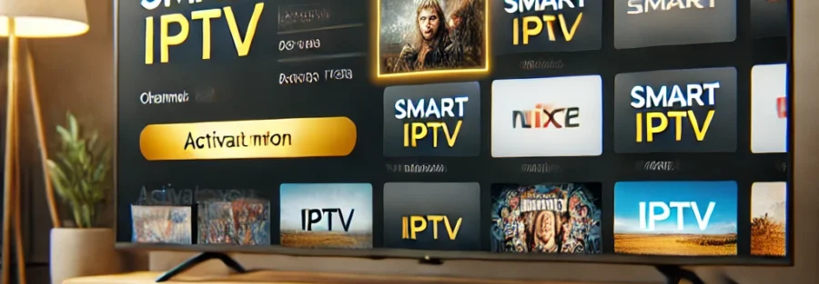 Een close-up van het scherm van een smart TV met de SMART IPTV-app-interface, waarop verschillende kanalen en filmopties zichtbaar zijn. De afstandsbediening ligt op de voorgrond en het scherm toont een activatiecode voor de SMART IPTV-service. De woonkamer is modern, met minimalistisch meubilair en warme verlichting