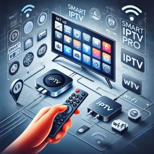 Illustratie van het instellen van SMART IPTV op een Smart TV, met de interface op het scherm, een hand met een afstandsbediening, Wi-Fi-symbool en iconen voor alternatieve apps zoals IPTV Smarters Pro en OTT Player. Achtergrond in blauw en wit voor een moderne uitstraling.