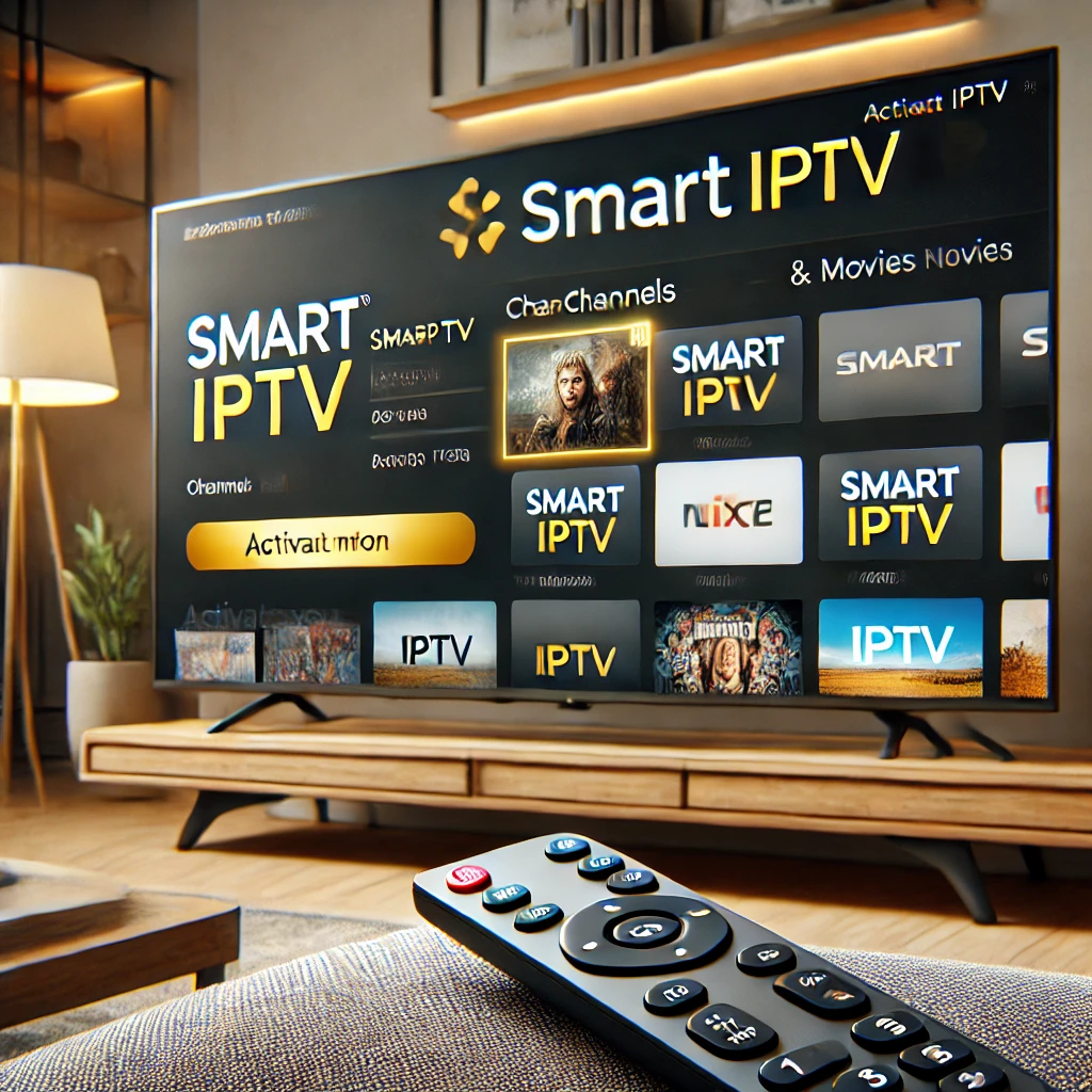 Een close-up van het scherm van een smart TV met de SMART IPTV-app-interface, waarop verschillende kanalen en filmopties zichtbaar zijn. De afstandsbediening ligt op de voorgrond en het scherm toont een activatiecode voor de SMART IPTV-service. De woonkamer is modern, met minimalistisch meubilair en warme verlichting