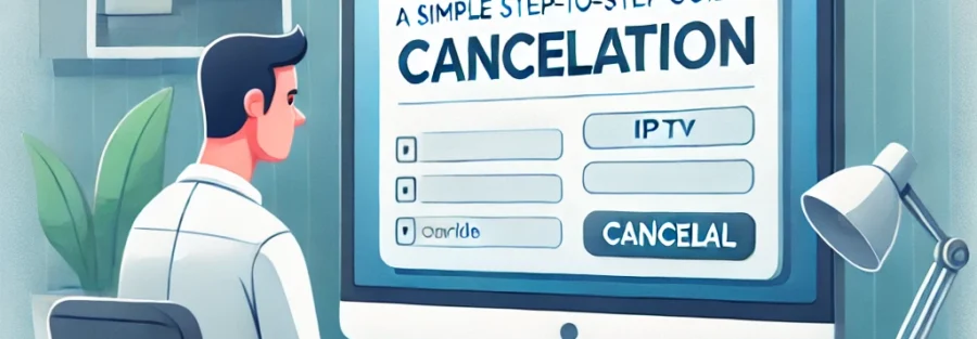 An illustration of a person cancelling their IPTV subscription online via computer.