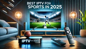 Man streamt een sportwedstrijd via IPTV box op zijn televisie