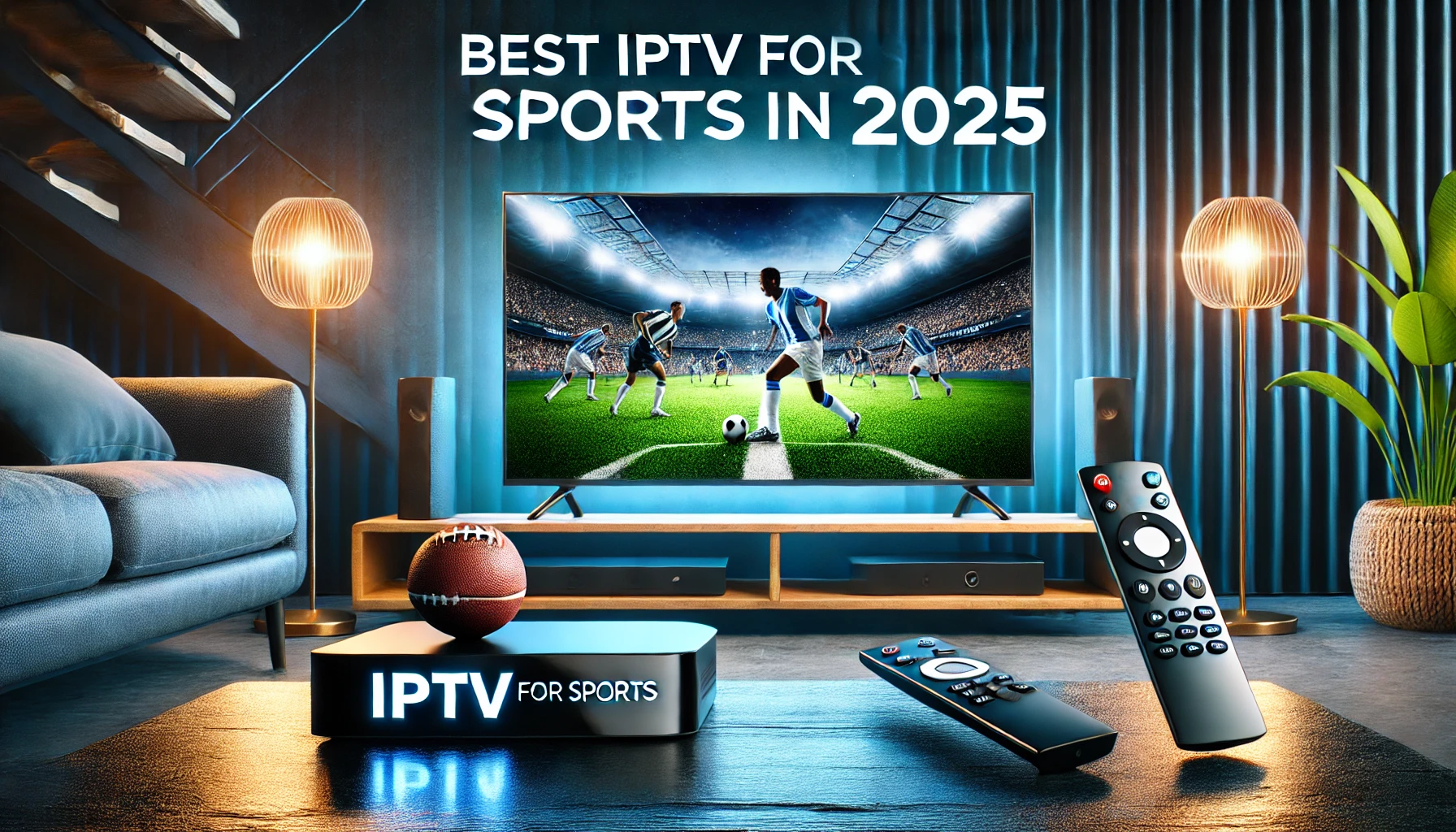 Man streamt een sportwedstrijd via IPTV box op zijn televisie