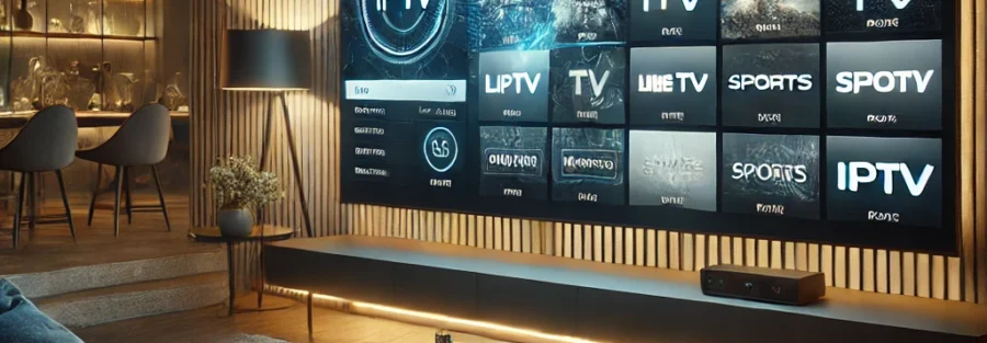 Een moderne woonkamer met een grote smart-tv die een IPTV-interface weergeeft. Het tv-scherm toont een IPTV-menu met categorieën zoals Live TV, Films en Sport. Een persoon bladert door de IPTV-opties met een afstandsbediening, wat zorgt voor een high-tech entertainmentervaring.