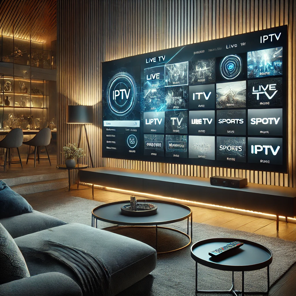 Een moderne woonkamer met een grote smart-tv die een IPTV-interface weergeeft. Het tv-scherm toont een IPTV-menu met categorieën zoals Live TV, Films en Sport. Een persoon bladert door de IPTV-opties met een afstandsbediening, wat zorgt voor een high-tech entertainmentervaring.